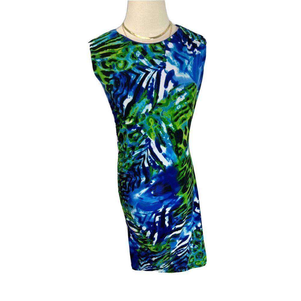 Joseph Ribkoff Dress Hawaiian Tropical Sheath Ruched Line Sleeveless Size 8 Blue